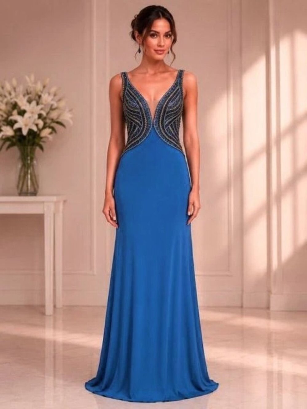 Jovani Royal Blue Embellished Sheer Back Plunge Neck Jersey Dress